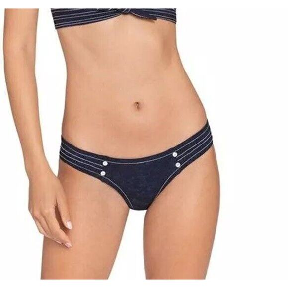 NWT ROBIN PICCONE Valeria Stitched Low Rise Bikini Bottom Indigo Blue‎ Size L - Picture 1 of 6